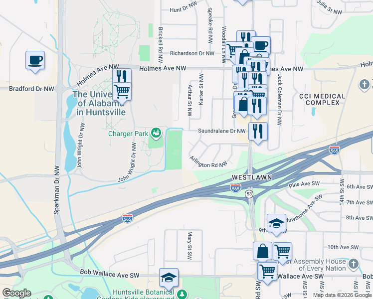 map of restaurants, bars, coffee shops, grocery stores, and more near 4308 Arlington Road Northwest in Huntsville