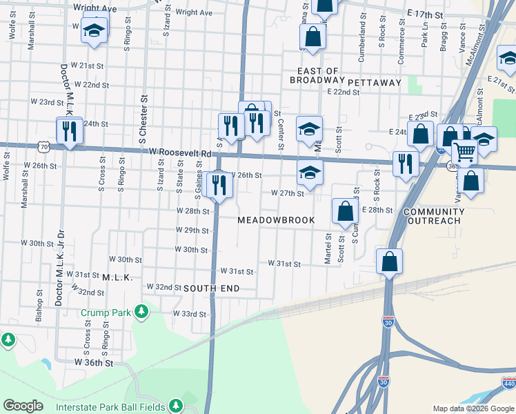 map of restaurants, bars, coffee shops, grocery stores, and more near 2715 South Spring Street in Little Rock