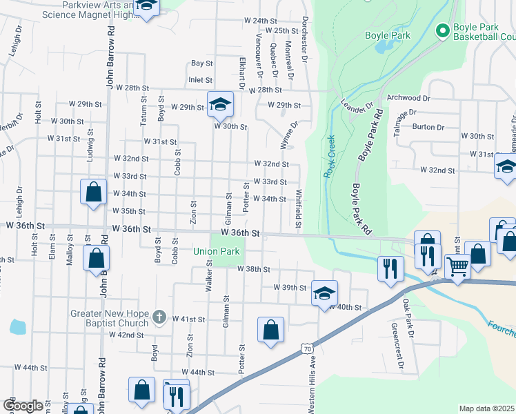 map of restaurants, bars, coffee shops, grocery stores, and more near 3405 Potter Street in Little Rock