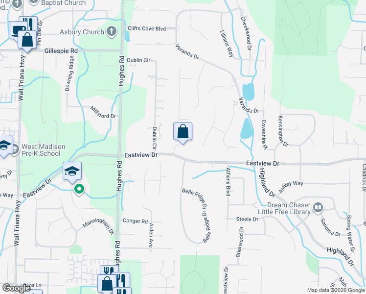 map of restaurants, bars, coffee shops, grocery stores, and more near 104 Victoria Drive in Madison