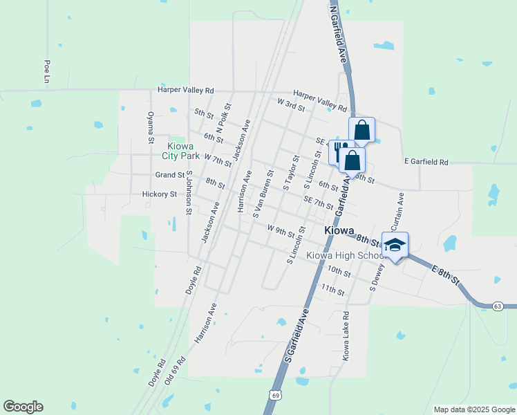 map of restaurants, bars, coffee shops, grocery stores, and more near 8th Street in Kiowa