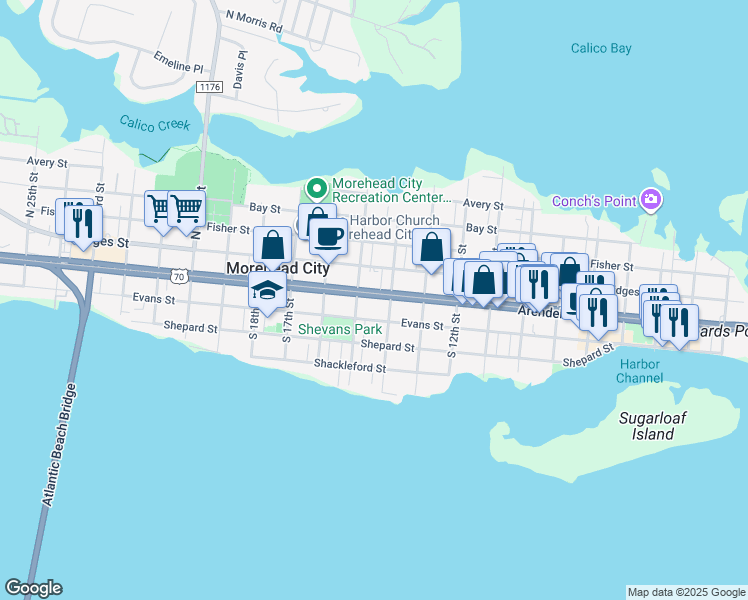 map of restaurants, bars, coffee shops, grocery stores, and more near 1407 Arendell Street in Morehead City