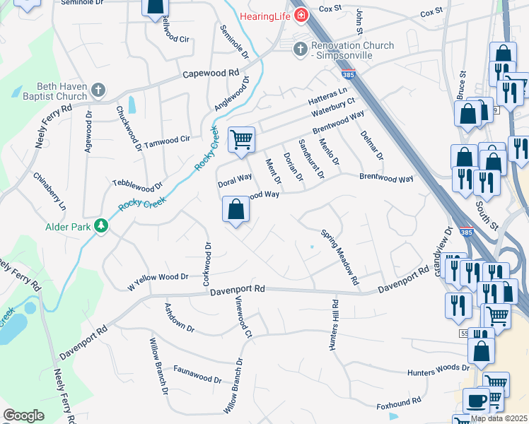 map of restaurants, bars, coffee shops, grocery stores, and more near 17 Yolon Way in Simpsonville