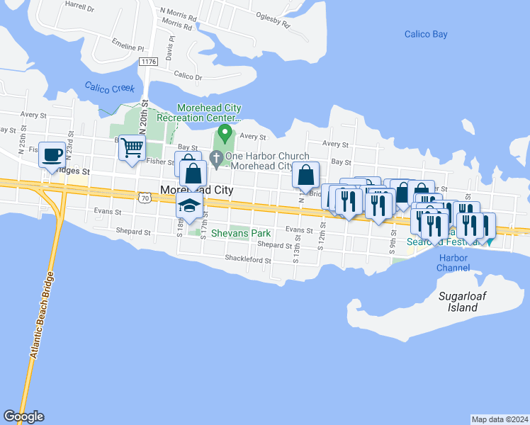 map of restaurants, bars, coffee shops, grocery stores, and more near 1407 Arendell Street in Morehead City