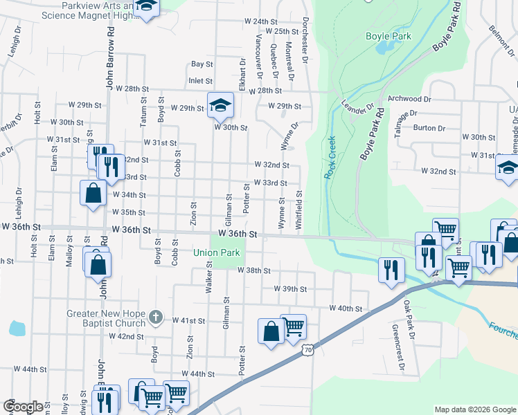 map of restaurants, bars, coffee shops, grocery stores, and more near 3405 Potter Street in Little Rock