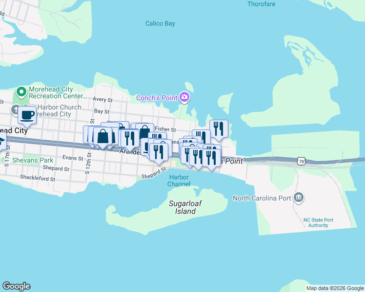 map of restaurants, bars, coffee shops, grocery stores, and more near 603 Bridges Street in Morehead City