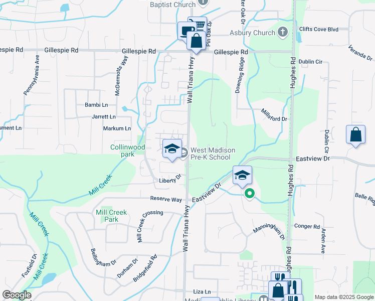 map of restaurants, bars, coffee shops, grocery stores, and more near 4976 Wall Triana Highway in Madison