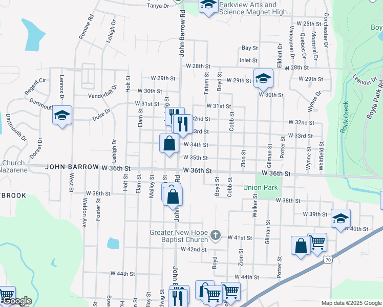 map of restaurants, bars, coffee shops, grocery stores, and more near 3415 Longcoy Street in Little Rock