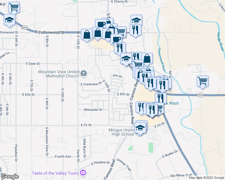 map of restaurants, bars, coffee shops, grocery stores, and more near 1610 Pinon Drive in Cottonwood