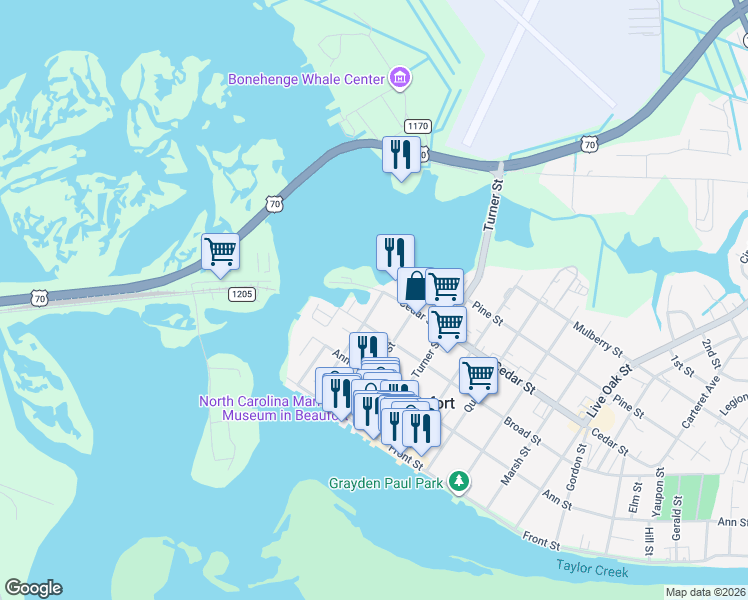 map of restaurants, bars, coffee shops, grocery stores, and more near 100 Arendell Street in Beaufort
