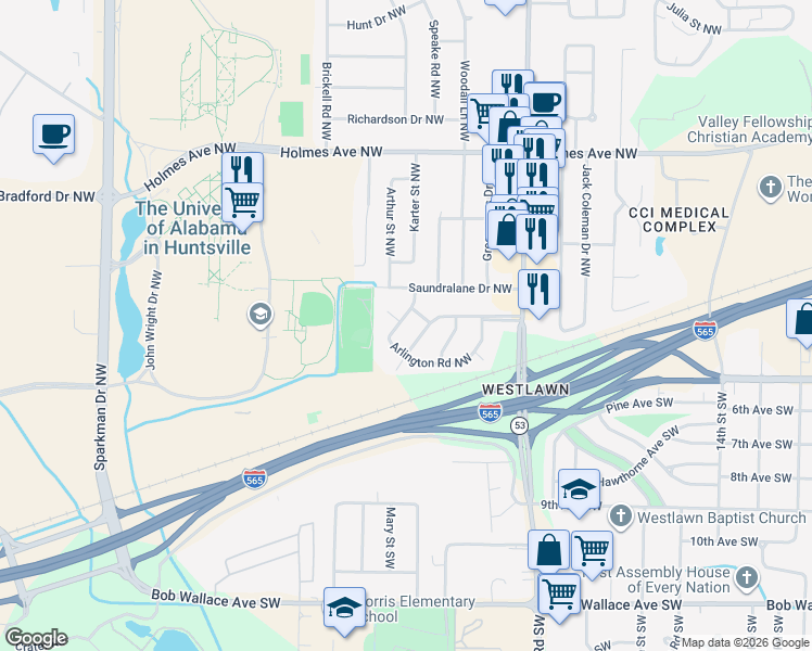 map of restaurants, bars, coffee shops, grocery stores, and more near 4308 Arlington Road Northwest in Huntsville