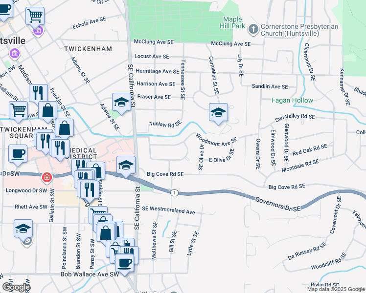 map of restaurants, bars, coffee shops, grocery stores, and more near 1505 Lowell Drive Southeast in Huntsville