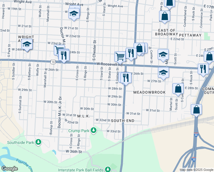 map of restaurants, bars, coffee shops, grocery stores, and more near 2720 South State Street in Little Rock