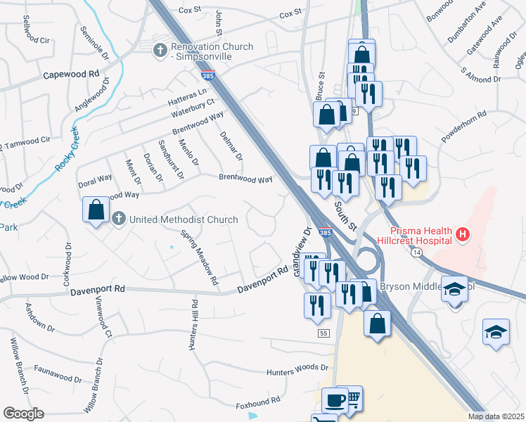 map of restaurants, bars, coffee shops, grocery stores, and more near 3714 Grandview Drive in Simpsonville