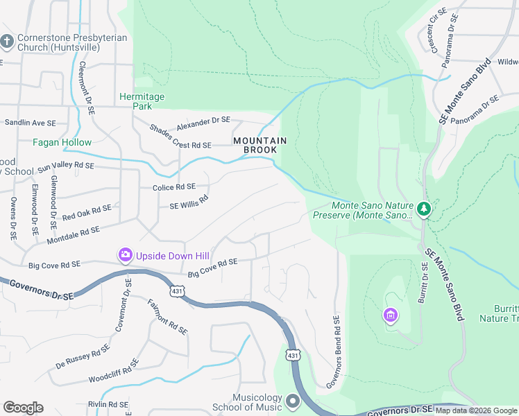 map of restaurants, bars, coffee shops, grocery stores, and more near 1818 Southeast Mountainbrook Drive in Huntsville
