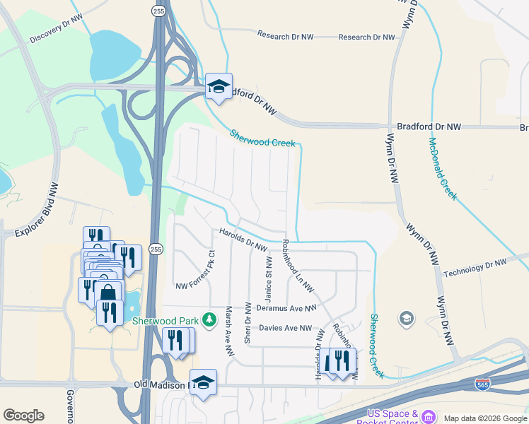 map of restaurants, bars, coffee shops, grocery stores, and more near 504 Delaney Road Northwest in Huntsville