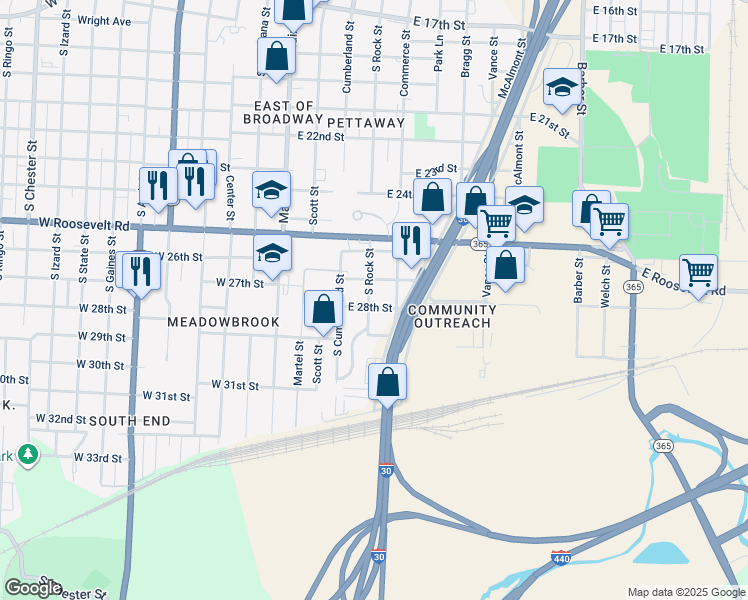 map of restaurants, bars, coffee shops, grocery stores, and more near 2718 South Commerce Street in Little Rock