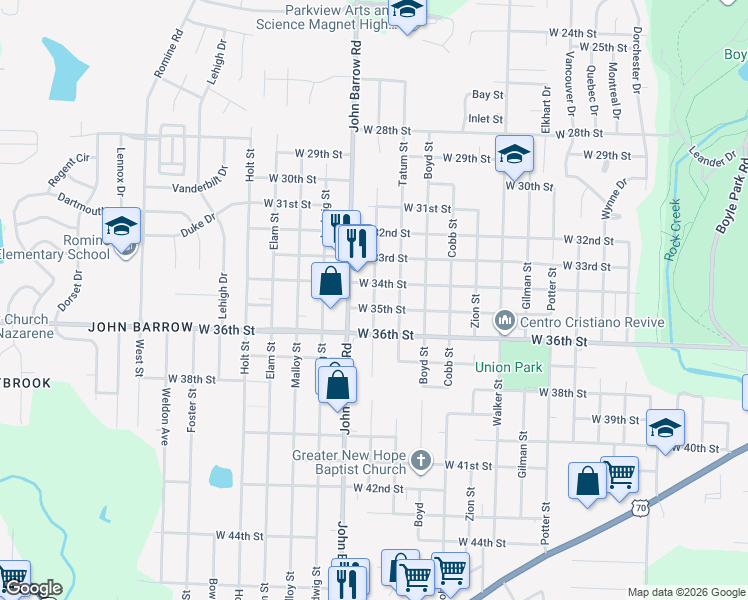map of restaurants, bars, coffee shops, grocery stores, and more near 3415 Longcoy Street in Little Rock