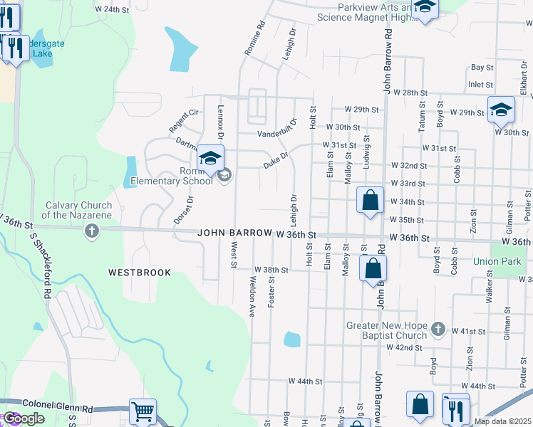 map of restaurants, bars, coffee shops, grocery stores, and more near 27 Lehigh Court in Little Rock