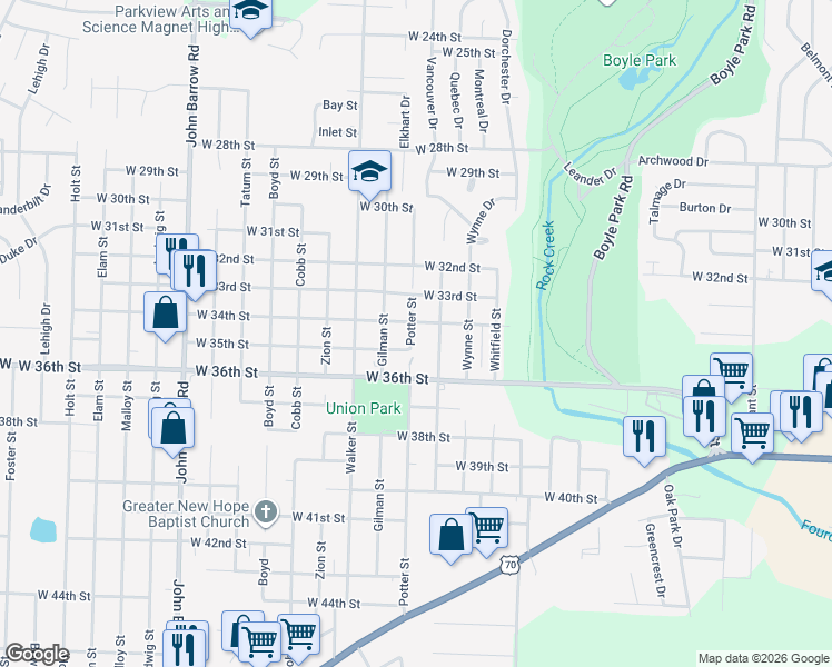 map of restaurants, bars, coffee shops, grocery stores, and more near 3405 Potter Street in Little Rock