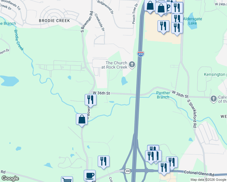 map of restaurants, bars, coffee shops, grocery stores, and more near 11624 West 36th Street in Little Rock