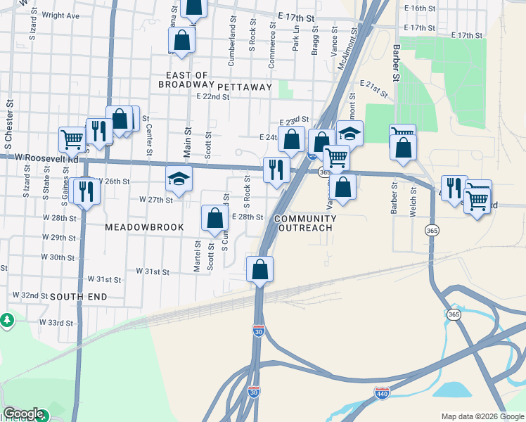 map of restaurants, bars, coffee shops, grocery stores, and more near 2718 South Commerce Street in Little Rock