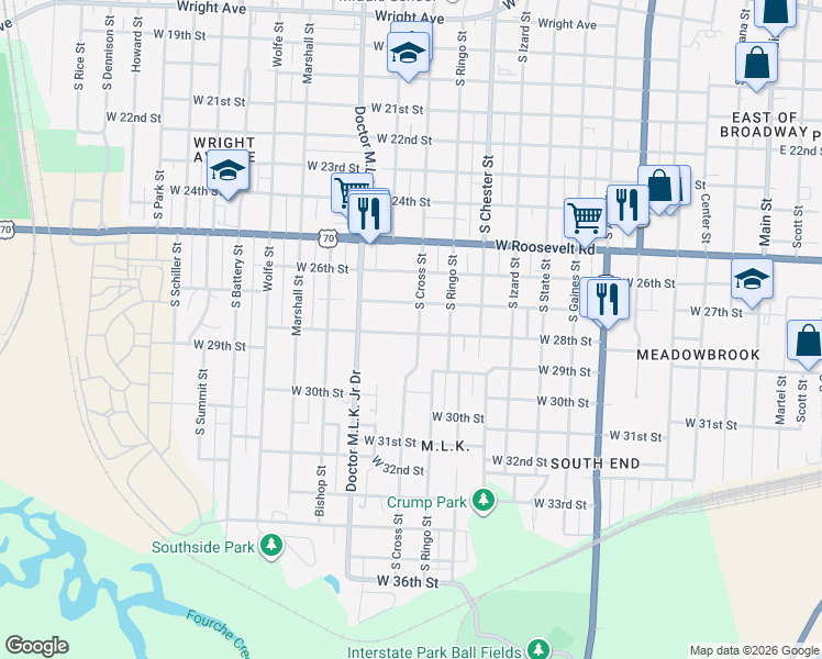 map of restaurants, bars, coffee shops, grocery stores, and more near 2722 South Cross Street in Little Rock