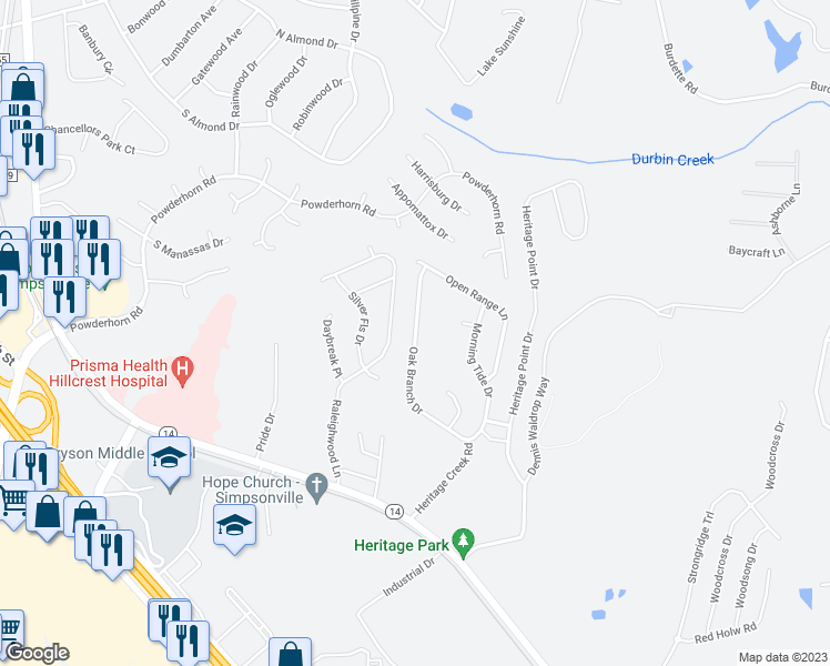 map of restaurants, bars, coffee shops, grocery stores, and more near 256 Oak Branch Drive in Simpsonville