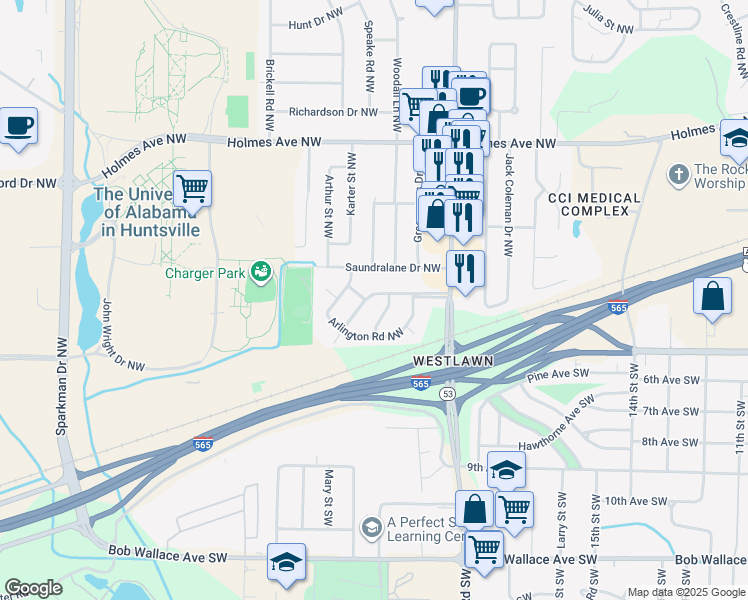 map of restaurants, bars, coffee shops, grocery stores, and more near 4203 Cloverdale Drive Northwest in Huntsville