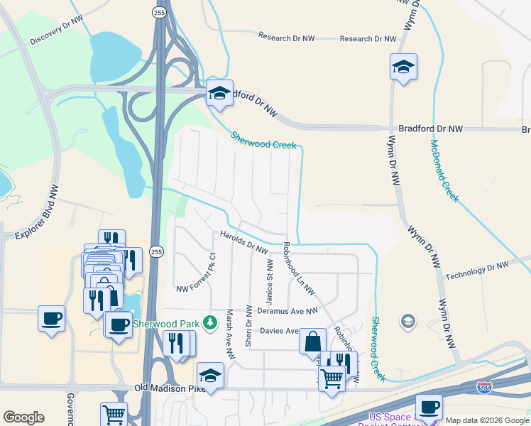 map of restaurants, bars, coffee shops, grocery stores, and more near 504 Delaney Road Northwest in Huntsville