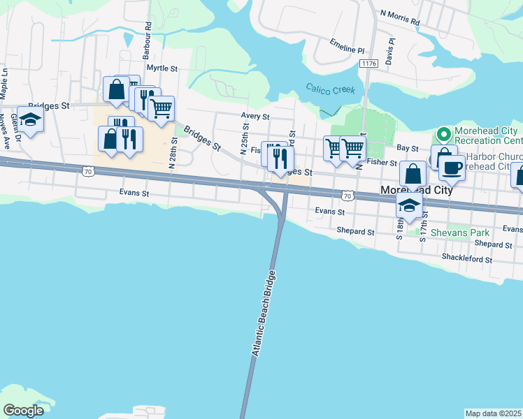map of restaurants, bars, coffee shops, grocery stores, and more near Atlantic Beach Causeway in Morehead City