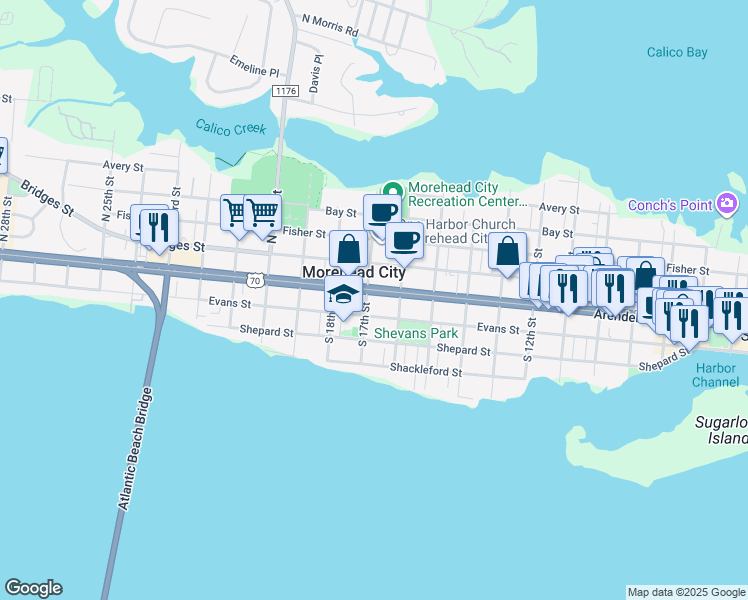 map of restaurants, bars, coffee shops, grocery stores, and more near 1611 Arendell Street in Morehead City