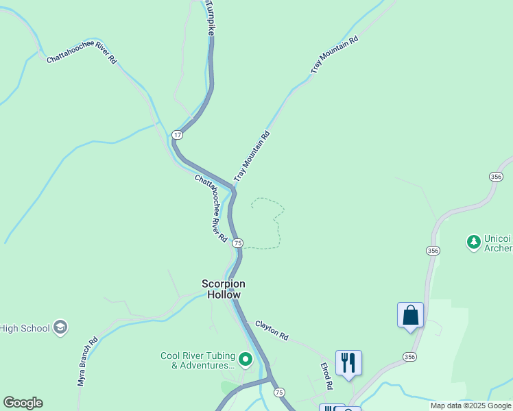 map of restaurants, bars, coffee shops, grocery stores, and more near 10687 Georgia 75 in Cleveland