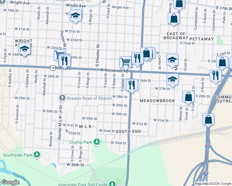 map of restaurants, bars, coffee shops, grocery stores, and more near 2720 South State Street in Little Rock