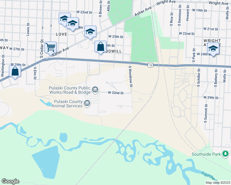 map of restaurants, bars, coffee shops, grocery stores, and more near 3101 West 32nd Street in Little Rock