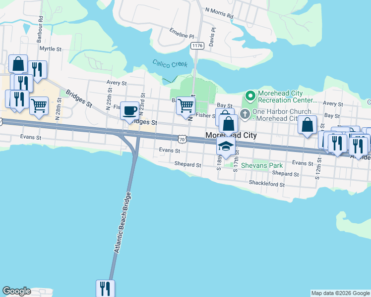 map of restaurants, bars, coffee shops, grocery stores, and more near 2000 Evans Street in Morehead City