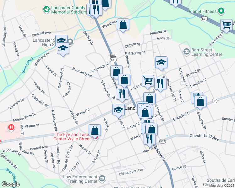 map of restaurants, bars, coffee shops, grocery stores, and more near 300 North Catawba Street in Lancaster