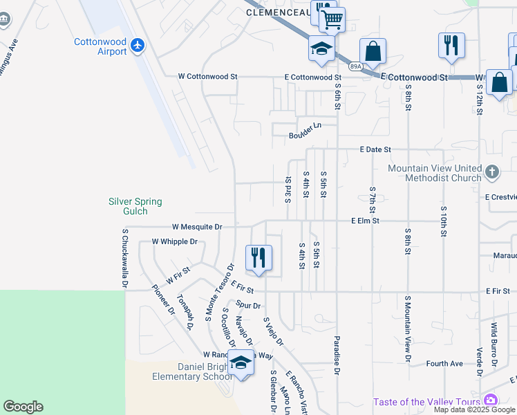 map of restaurants, bars, coffee shops, grocery stores, and more near 953 Tierra Verde Circle in Cottonwood