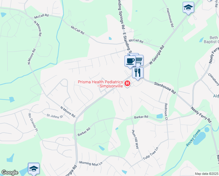 map of restaurants, bars, coffee shops, grocery stores, and more near 118 Karland Drive in Simpsonville