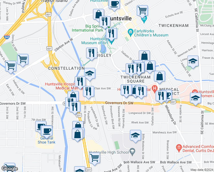 map of restaurants, bars, coffee shops, grocery stores, and more near 600 Saint Clair Avenue Southwest in Huntsville