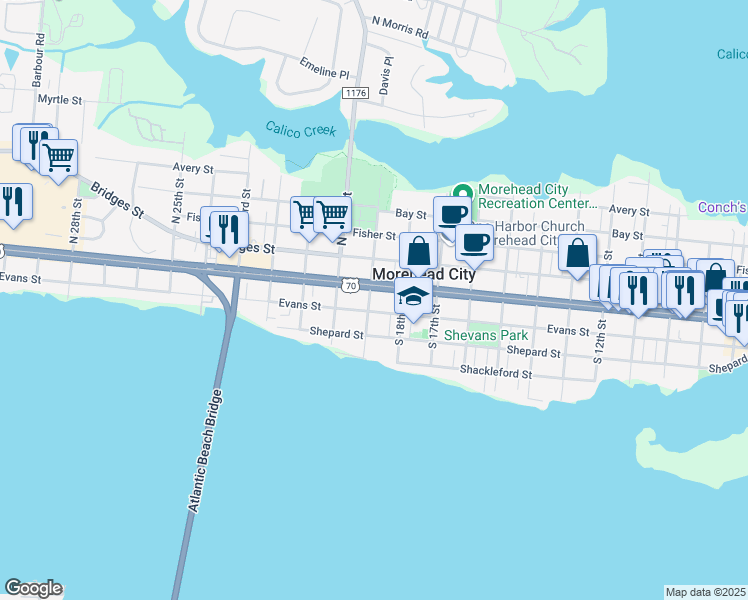 map of restaurants, bars, coffee shops, grocery stores, and more near 105 South 19th Street in Morehead City