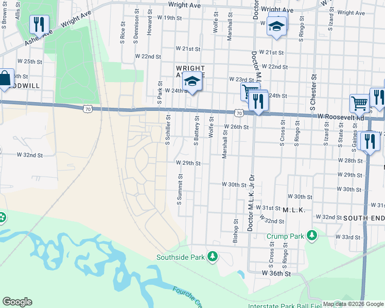 map of restaurants, bars, coffee shops, grocery stores, and more near 2808 South Battery Street in Little Rock