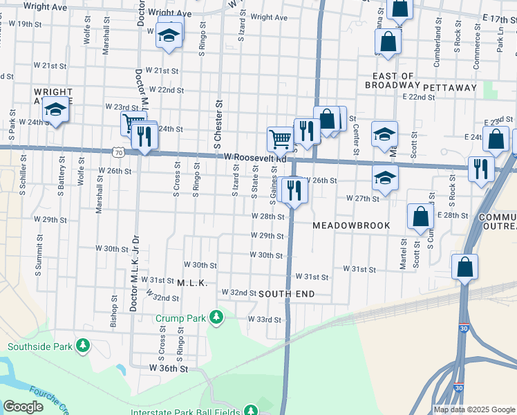map of restaurants, bars, coffee shops, grocery stores, and more near 2720 South State Street in Little Rock