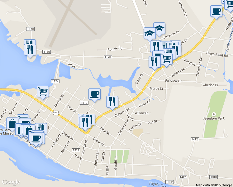 map of restaurants, bars, coffee shops, grocery stores, and more near 107 Chestnut Drive in Beaufort