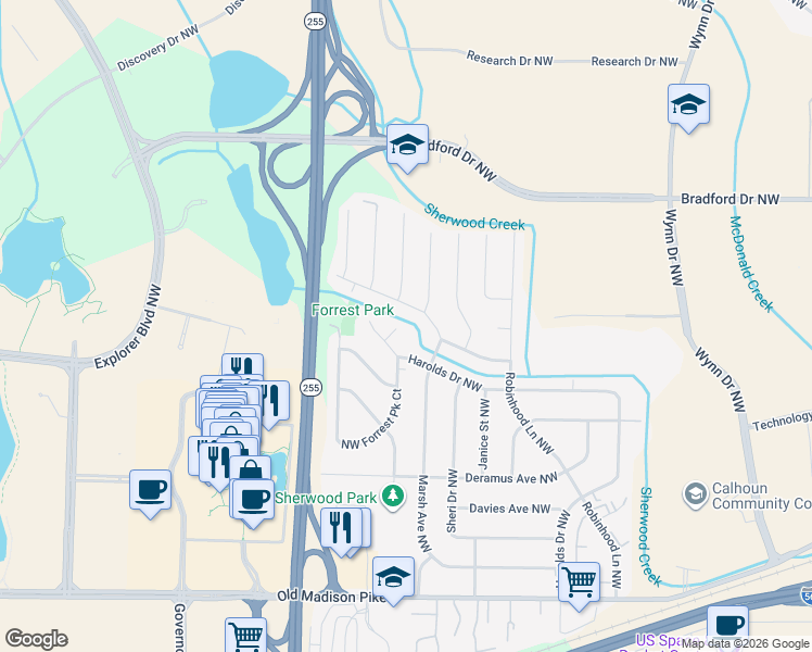 map of restaurants, bars, coffee shops, grocery stores, and more near 6500 Forrest Park Circle Northwest in Huntsville