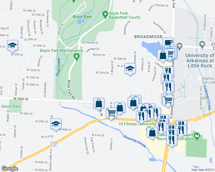 map of restaurants, bars, coffee shops, grocery stores, and more near 6804 West 34th Street in Little Rock