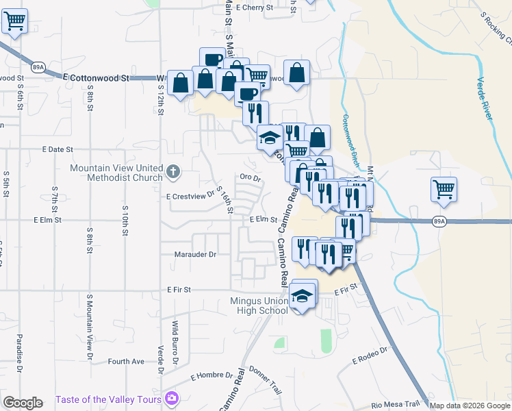 map of restaurants, bars, coffee shops, grocery stores, and more near 945 Salida Lane in Cottonwood