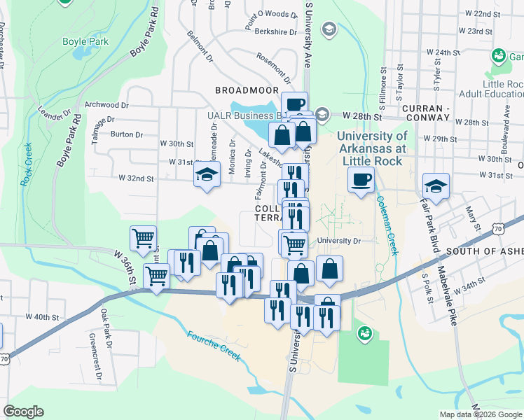 map of restaurants, bars, coffee shops, grocery stores, and more near 1 Bryn Mawr Drive in Little Rock