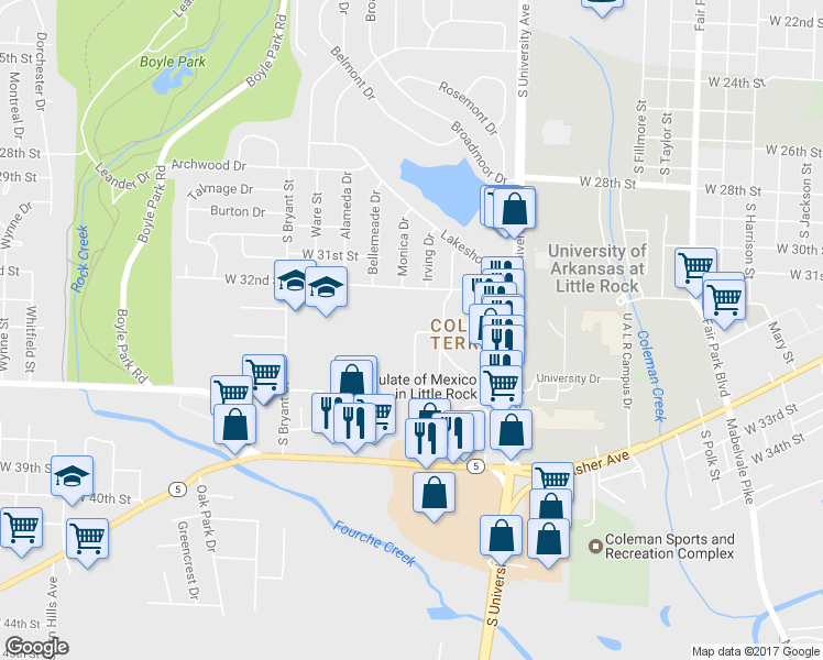 map of restaurants, bars, coffee shops, grocery stores, and more near 67 Purdue Circle in Little Rock