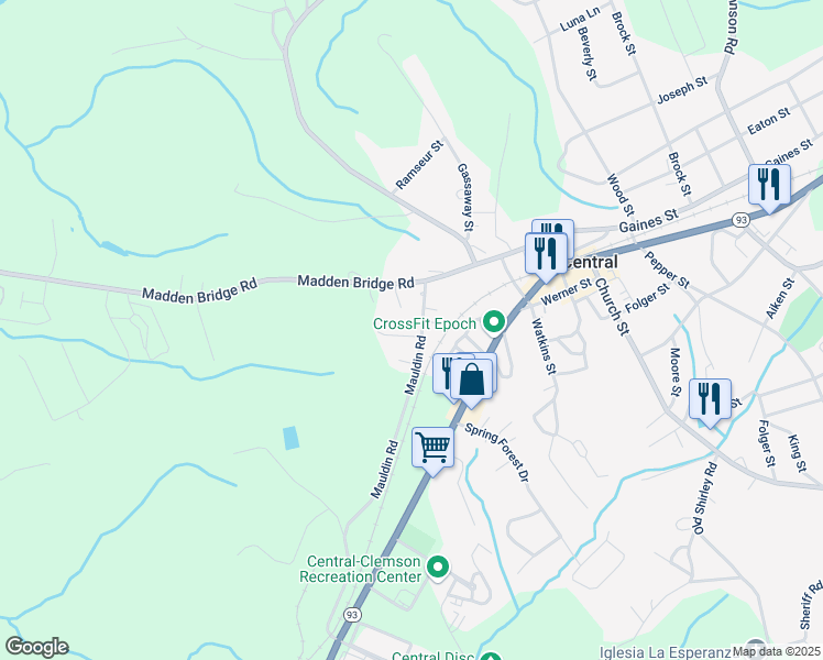 map of restaurants, bars, coffee shops, grocery stores, and more near 104 Perry Lane in Central
